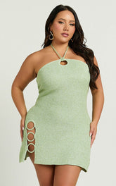 Amalie The Label - Merida Halter Knit Side Split Mini Dress in Green